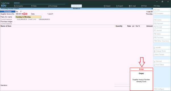 Restrict Duplicate Purchase Entry in Tally