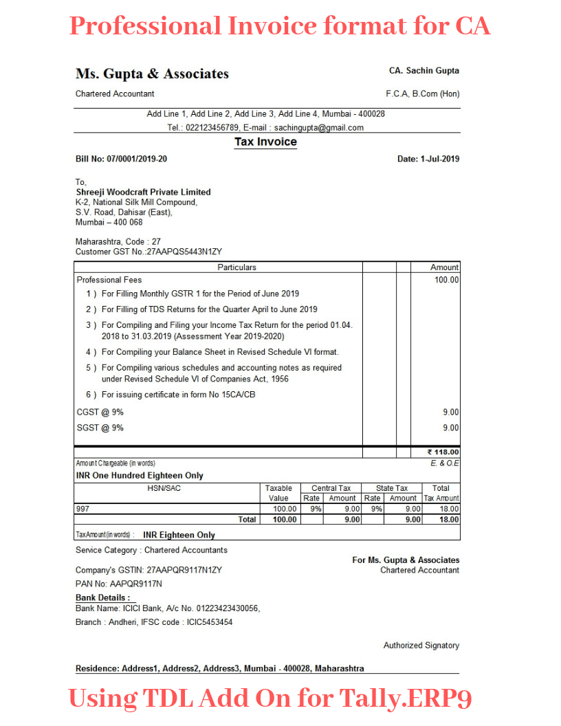 Tally Add-on for Customized Invoice format for CA - TDLStore.in