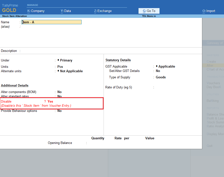 hide stock item in tally