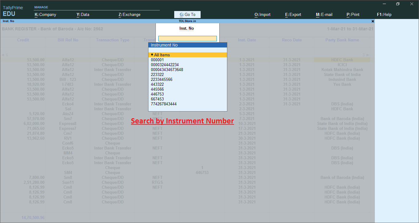 Advance Bank Register in Tally_Search by Instrument Number