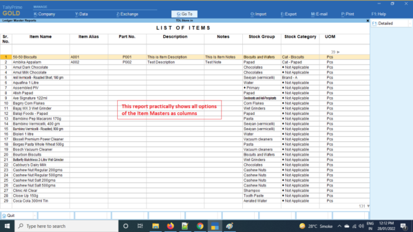 Export Items from Tally to Excel