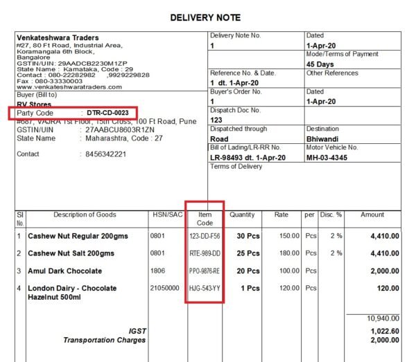 TDL for Print Party & Item Codes on Invoice | download free trial