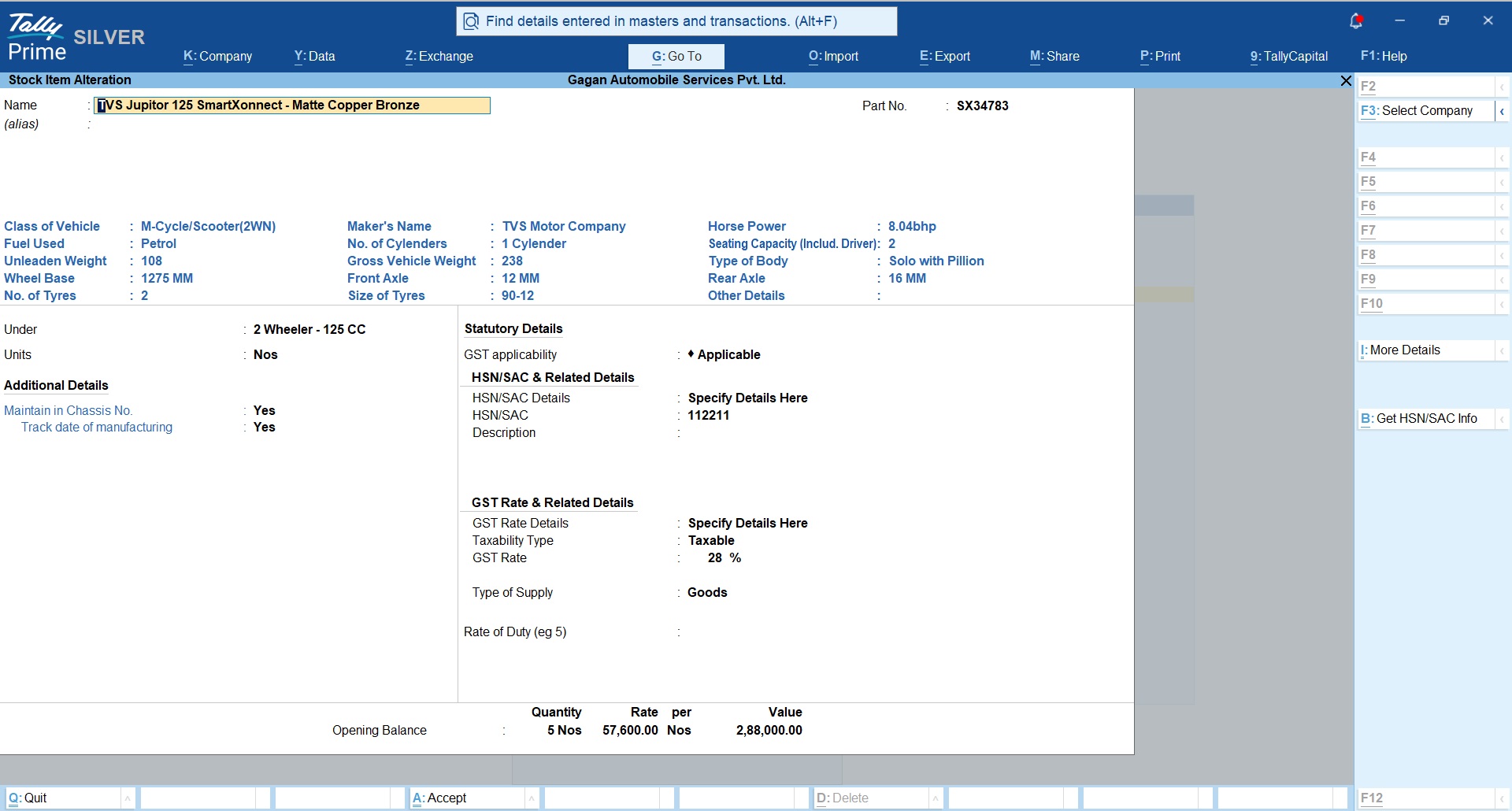 Automobile Vehicle Sales Billing in Tally - Item - 2 Wheeler