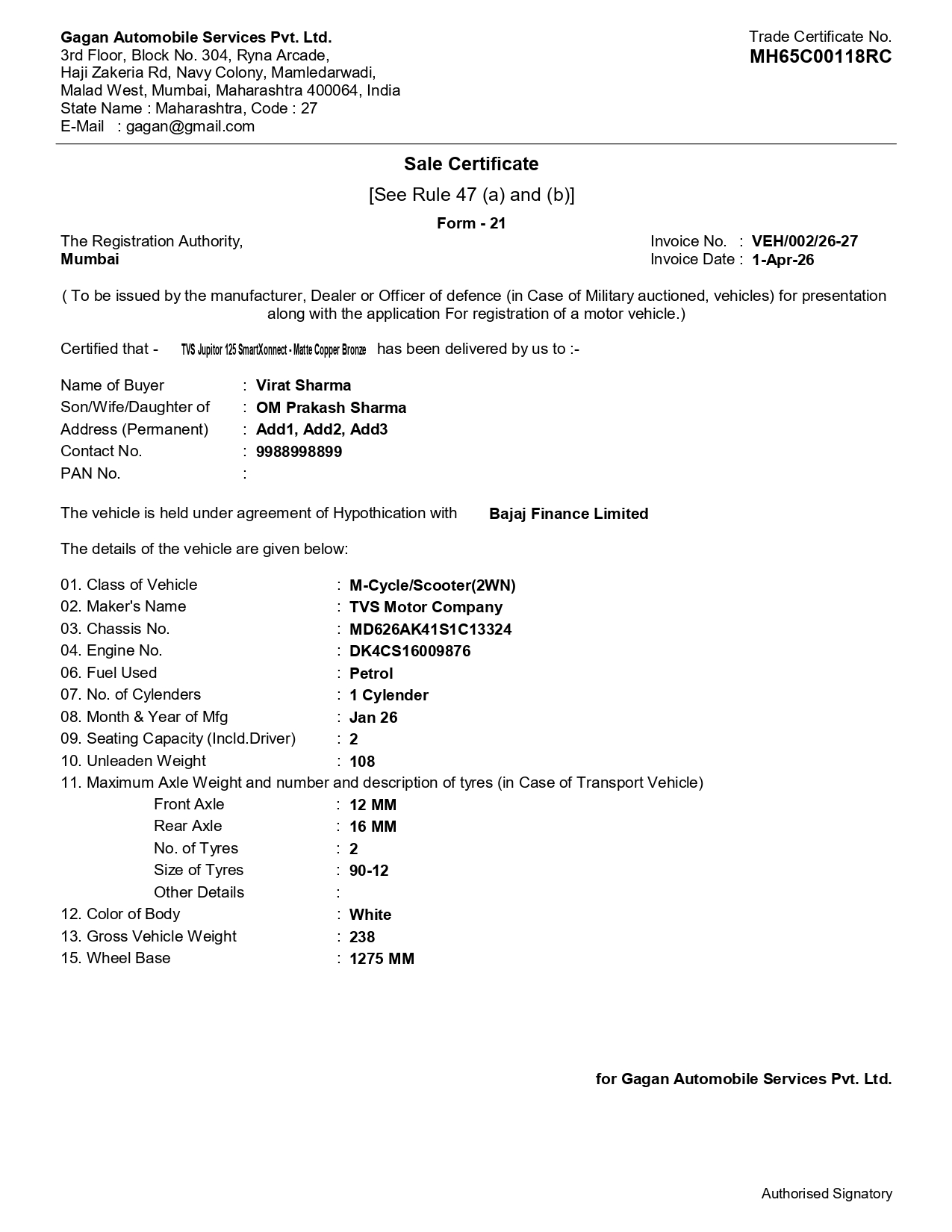 Automobile Vehicle Sales Certificate - Form 21